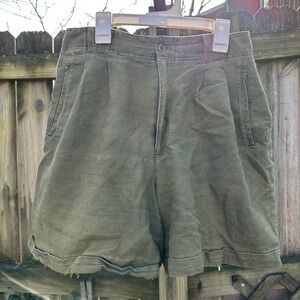 Vintage 90s KIKOMO Linen Blend Pleated High Waist Shorts Olive‎ Green Size 9-10